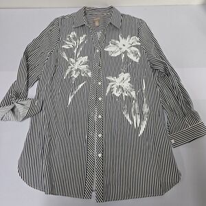 Chicos Size 2 Black White Striped Floral Print Button Down Tunic Shirt